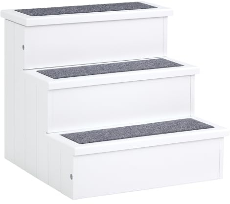 PawHut Escalier pour Chien Animaux Rampe 3 marches revêtement Tapis Coffre Interne Rangement Blanc Gris