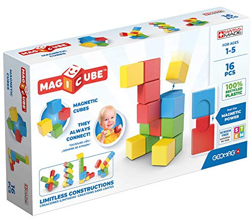 Geomag - Magicube Full Color - Cubes Magnétiques à Empiler pour Bébé d'1 an et Plus - 4 Couleurs - 16 Blocs de Construction - 1-5 Ans - 100% Plastique Recyclé