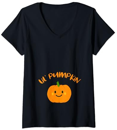 Womens Lil Pumpkin Halloween Pregnancy Announcement women Costume V-Neck T-Shirt