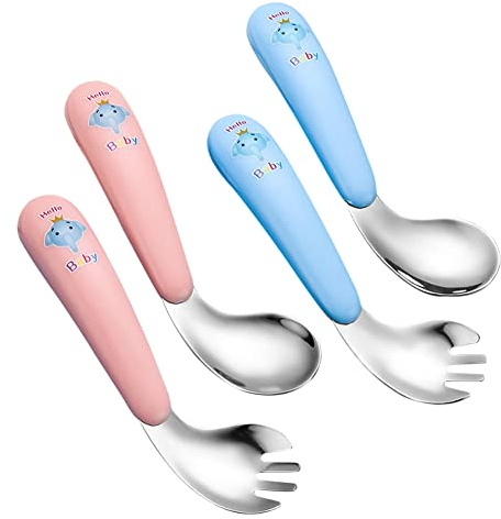 4Pcs Cuillère Et Fourchette D'entraînement Pour Nourrissons,Cuillères Apprentissage Acier Inoxydable pour Bébé,Cuillère d'exercice CourbéApprentissage,Couverts Enfants