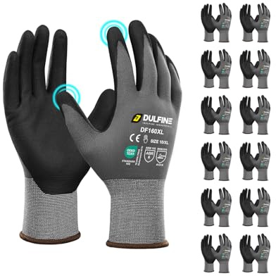 DULFINE Safety Work Gloves MicroFoam Nitrile Coated-12 Pairs Pack,Seamless Knit Nylon Glove with Black Micro-Foam Nitrile Grip,Ideal for General Purpose,Automotive,Home Improvement,Painting(Large)