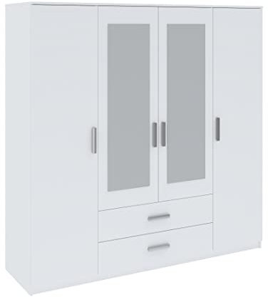 Oggi Saravena 4türiger Kleiderschrank 2 Schubladen 4 Einlegeböden B 200 cm H 200 cm Modernes Design Schichtstoffplatte für Wohnzimmer Schlafzimmer Arbeitszimmer Weiß
