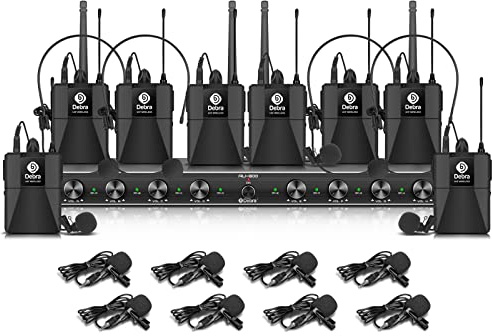 D Debra Audio AU800 Pro Sistema microfonico wireless UHF a 8 canali con microfoni per cuffie cordless, ricevitore in metallo, ideale per il karaoke e le feste in chiesa(8*bodypack)