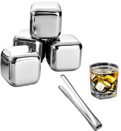 Glaçons en Métal,Glaçon en Acier Inoxydable,Glaçon Réutilisable,4PCS avec Clip Pierres à Whisky Roches de Refroidissement Pierres de Refroidissement pour Whisky Bière Boisson Froide