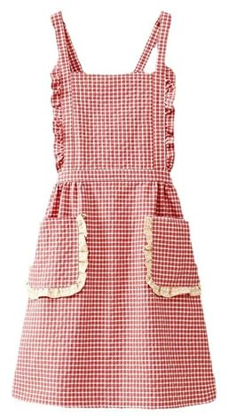 RchleaKry Small Check Apron with Pocket, Women's Slim Cotton Apron, Kitchen Aprons Chef Bib Aprons, Gift, Weight within 150lb (Brick red)