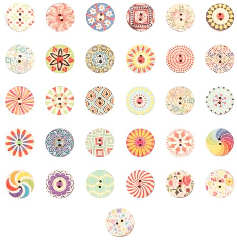 Tabanzhe 100 Vintage Print Wooden Buttons - 20mm Round Woven for Hand Sewing and Crafts, Decorative Children's Hearts