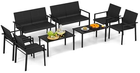GYMAX Juego de muebles de jardín de ratán, juego de 4 piezas para terraza, incluye 2 sillas, 1 sofá y 1 mesa de café, juego de muebles de terraza, juego de muebles de balcón para balcón, piscina y