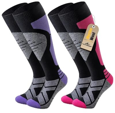 Niorasen 2 Paar Merino Skisocken Herren Damen, Thermo Snowboard Socken, Skistrümpfe mit Polsterung, Wärme Kniestrümpfe für Skifahren, Snowboarden, Outdoor Wintersport, Size M, Rosa Lila