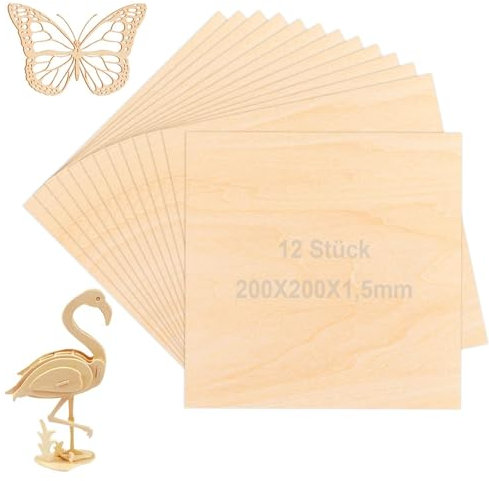 Pannelli di Compensato, 12 Pezzi Fogli Legno Balsa, 200x200x1,5mm Compensato di Tiglio non Lavorato, Compensato di Betulla, per il Bricolage Artigianale, l'intaglio, il Modellismo