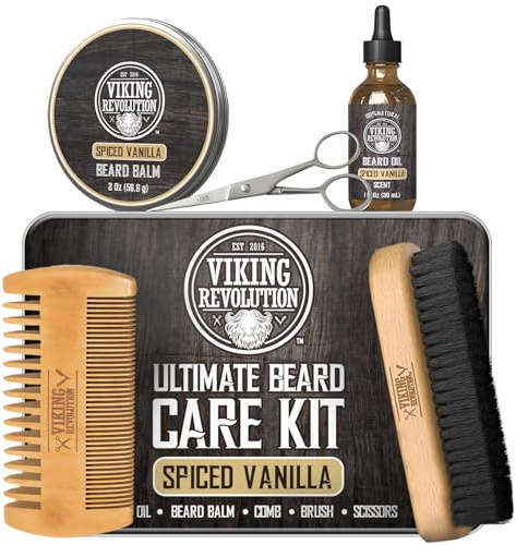 Viking Revolution - Ultimate Beard Kit Spiced Vanilla - Beard Grooming Kit for Men with Beard Brush, Beard Comb, Beard Balm, Beard Oil, Beard and Moustache Scissors - Husband Gifts for Men