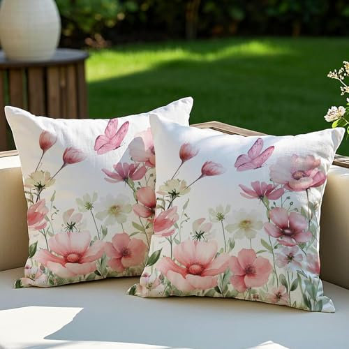 Vorysum 2er Set Outdoor Kissen Rosa Blumen Dekokissen Wetterfest Kissenbezug Sommer Modern Kissenbezüge für Garten Sofa Couch Wohnzimmer Schlafzimmer Doppelseitiges Muster 45x45 cm