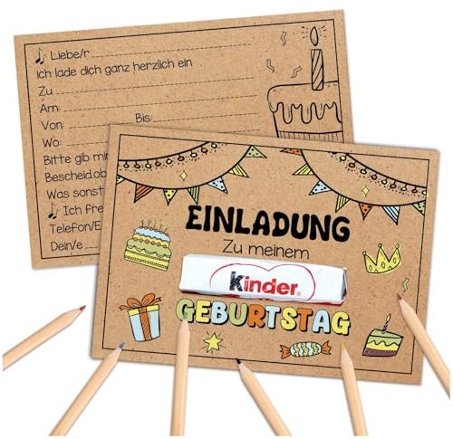 YANSYUN 15 Kraftpapier Einladungskarten Kindergeburtstag Mädchen Junge mit Buntstifte Klebestreifen Geburtstagseinladungen Mädchen Jungen mit Geburtstagstortenmuster OHNE Kinderschokolade
