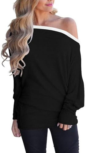 Eniloyal Off Shoulder Damen Oberteil Langarmshirt Fledermaus Langarm Oversized Pullover Basic Schulterfreies Shirts Herbst