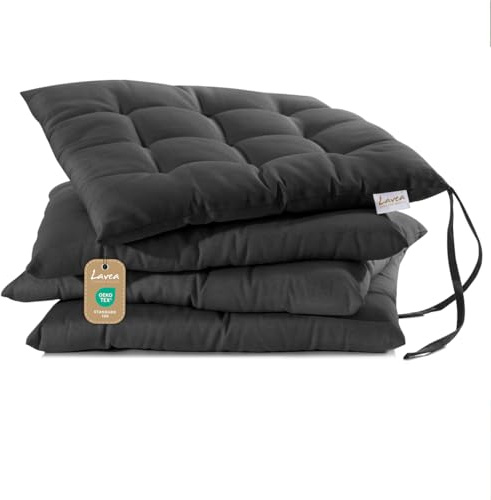 Lavea® Coussins de Chaise 40x40 cm – Lot de 4 avec Attaches – Confortables et lavables pour intérieur, extérieur - pour Jardin, Balcon, terrasse et Cuisine - Anthracite