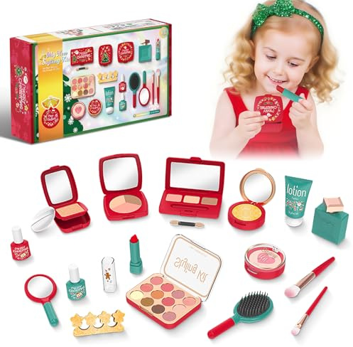 Juguete de Maquillaje para Niñas, Kit de Maquillaje de Juego Temático de Navidad para Niñas de 3+ Años | Maquillaje Falso Seguro y No Tóxico con Labial, Sombra de Ojos, Espejo y Pinceles de Maquillaje