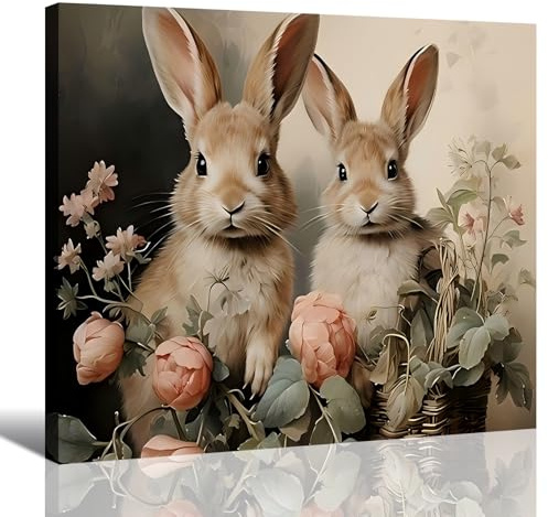 Vintage Festive Easter Bunny Canvas Wall Art 8x12, Framed Cozy Spring Prints Pictures, Easter Rabbit Canvas Artwork for Bedroom, Living Room, Office, Rustic Farmhouse Home Wall Decor