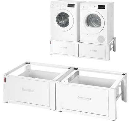 VEVOR Socle Lave Linge Hauteur 31 cm Support Machine à Laver Charge 150 kg Rehausseur à Tiroir pour Sèche-linge Réfrigérateur Compact Buanderie, en Acier Robuste, Pieds Antidérapants, Blanc, Lot de 2