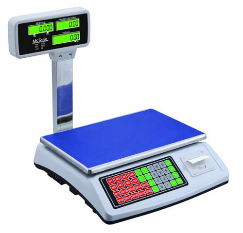 Balanza Digital 50kg con Impresora de Etiquetas, Alta Precisión 1/3000, Pantalla LED Dual, Función Tara y Precio, Báscula frutera Ideal para Tiendas y Fruterías