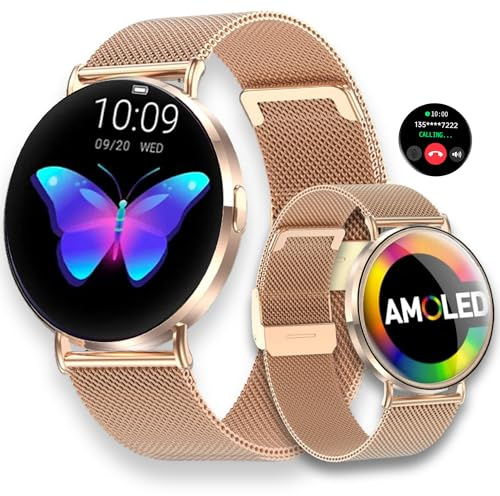 LUNIQUESHOP Nouvelle Round 3 Fine +180 Cadrans | HD Amoled Montre Connectée Femme Appel téléphone| +120 Sports Assistance Vocale| Smartwatch Petite Taille Ronde|Montre Intelligente Android iOS Or