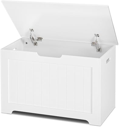 SUPER DEAL Storage Chest, 30 inches Chest Box Organizer with 2 Safety Hinges, Wooden Entryway Storage Bench, White