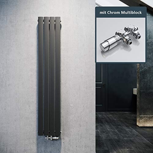 ELEGANT Design radiator platt 1600 x 308 mm med krom multiblock termostat platt värmeelement antracit ett lager vertikal radiator mittanslutning