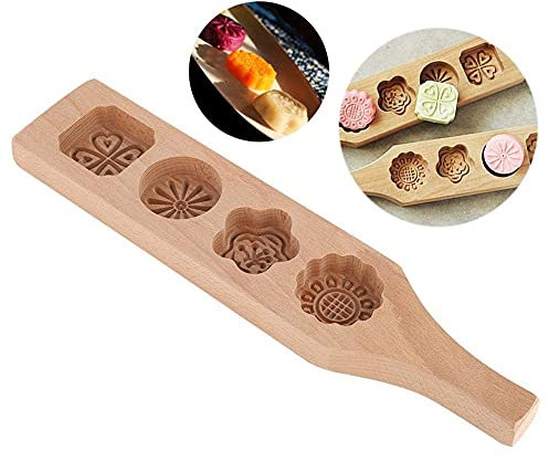 Mondkuchenform Holzgebäckform, Plätzchenform Schöne Blumenmuster DIY Moon Cake Mould 4 Blumenform Pressform Backform für Muffin Moon Pies Biscuit