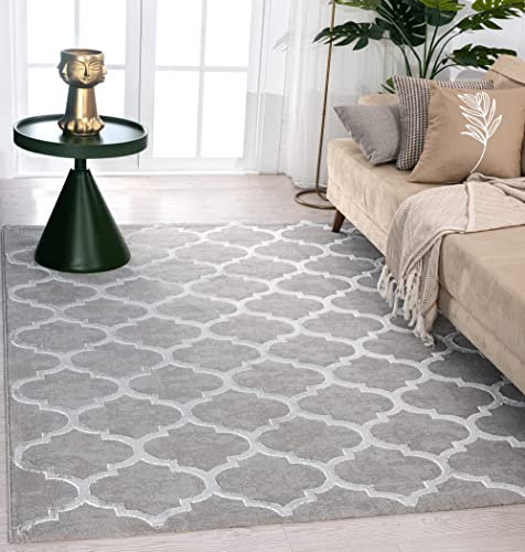 the carpet Knight Eleganter, Hochwertiger, Wohnzimmer Teppich, Softer Kurzflor, 3-D Effekt, Glänzende Design-Elemente, Hoch-Tief Struktur, Grau, 80 x 150 cm