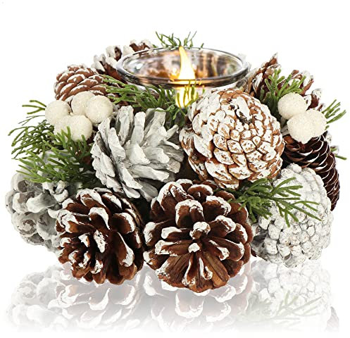 COM-FOUR® Portavelas - Portavelas Decorativo para Navidad y otoño - Portavelas con Materiales Naturales - Artesanía (Arreglo de adviento - 1 Vela)