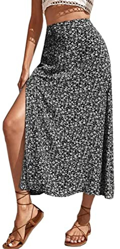 Onsoyours Femme Jupe Fendue Fleurie À Imprimé Floral Jupe Longue Boho Taille Haute Elastique Casual pour Printemps Et Été A Noir XL