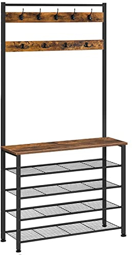 HOOBRO Hall Tree, Coat Rack with Shoe Rack, Hall Tree with Bench, 5 Tier Shoe Storage Organizer with 9 Hooks for Entryway, Closet, Sturdy, Industrial, Rustic Brown and Black BF80MT01G2