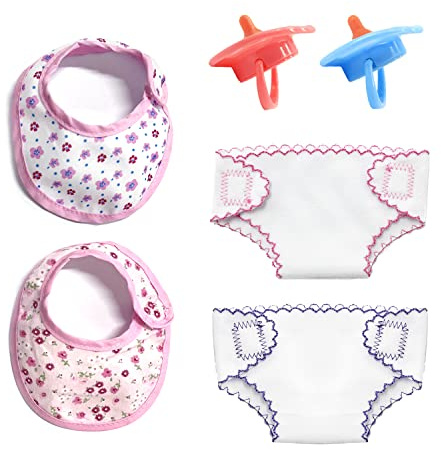 Juego de 4 accesorios para muñecas, chupete para pañales, juguetes para niños, accesorios para alimentación de muñecas, pañal autoadhesivo para babero, juguete de juego de rol con 2 chupetes.