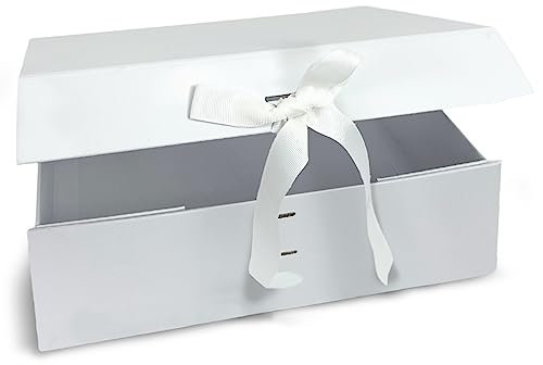 Verpackungswelt Geschenk-Box mit Deckel | 31 x 22 x 15 cm | Geschenk-Karton mit Magnet-Verschluss & edler Schleife | Perfekt für Geburtstag, Hochzeit, Geburt | Geschenk-Verpackung in Weiß
