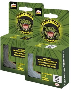 Pattex Crocodile Power Klebeband, starkes Gewebeband mit doppelter Dicke, für verschiedene Materialien, silber, 1 x 10m & schwarz, 1 x 10m