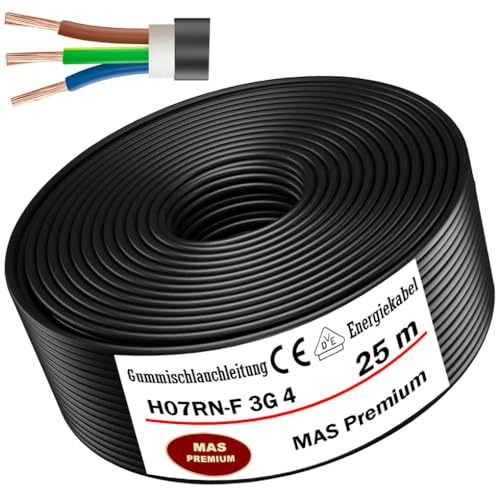 MAS Premium Câble d'alimentation en caoutchouc H07RN-F 3G 4 mm² - 5 à 100 m - Noir - Pour appareils lourds