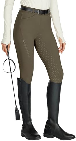 WILLIT Leggings da equitazione da donna, in silicone, con inserti completi, a vita alta, elasticizzati, con tasca con cerniera, passanti per cintura, marrone, M