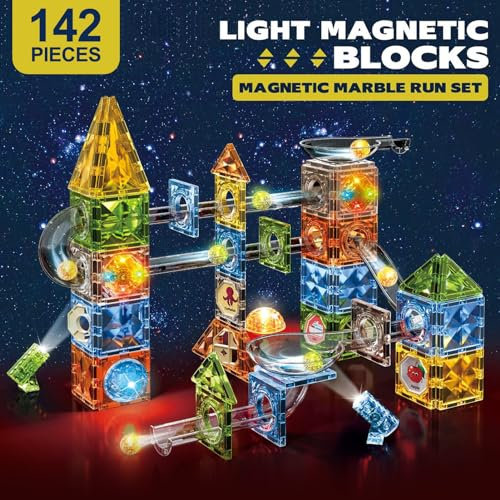 Dilhvy Magnetische Bausteine 142 Teile mit Magnet Kugelbahn Bunt, Magna Tiles - Montessori Konstruktions Spielzeug, Besten Kinderspielzeug Geschenke für Jungen & Mädchen ab 5 6 7 8 9 10+Jahre