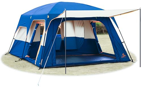 KTT Extra Large Tent 12 Person,Family Cabin Tents,2 Rooms,3 Doors and 3 Windows with Mesh,Straight Wall,Waterproof,Double Layer,Big Tent for Outdoor,Picnic,Camping,Family Gathering(Dark Blue)