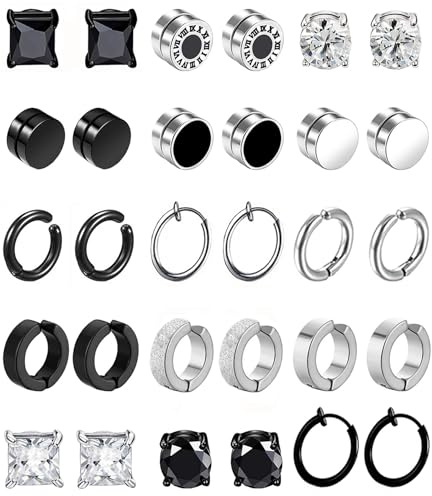 15Paar Magnet Ohrringe Herren Damen Edelstahl Creolen CZ Magnet Nicht Durchdringende Clip Magnet Ohrstecker Clips Nickelfrei Tunnel Ohrclips Non Piercing Ohrringe Set Silber Schwarz