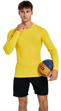 vf VFIT Herren Kompression T-Shirt Langarm Thermal Sport Fitness Laufen Atmungsaktiv Schnelltrocknend Gym Stretch Gewebe Eng Training Fußball Basketball Crossfit (GELB,XL)
