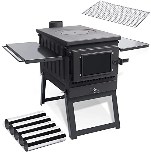 Wood Stove,Portable Wood Stove for Camp Tent W/Large Firebox, Include Heat Resistant Glass, Stainless Steel Grill & Chimney Pipes for Cooking Camping Ice-fishing