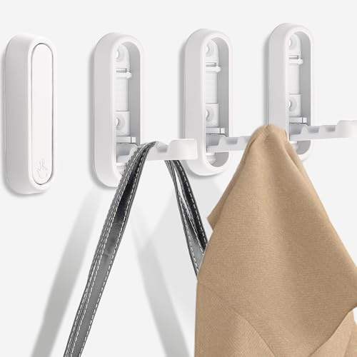 Sqsyqz 4PCS Foldable Wall Hooks, Heavy Duty Zinc Alloy Retractable Wall Hook, Space Saving Flip Down Hooks for Hanging Coats, Towels, Backpacks, Hats in Bedroom, Bathroom, Entryway (White)