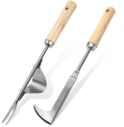 OBYCPIN Lot de 2 Outil Desherbeur Manuel, Désherbeurs Manuels en Acier Inoxydable, Arrache-racines avec Manche Ergonomique en Bois,Idéal pour Éliminer les Mauvaises Herbes dans le Jardin et le Paysage