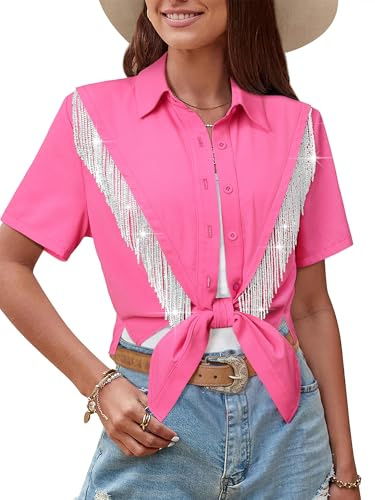 MYMORE Womens 2025 Sparkly Rhinestone Fringe Tops Shirt Country Concert Western Wear Cowgirl Outfit Dolly Cowboy Parton Rodeo Nashville Top Short Sleeve Button Down Shirts Blouse Jacket Hot Pink XL