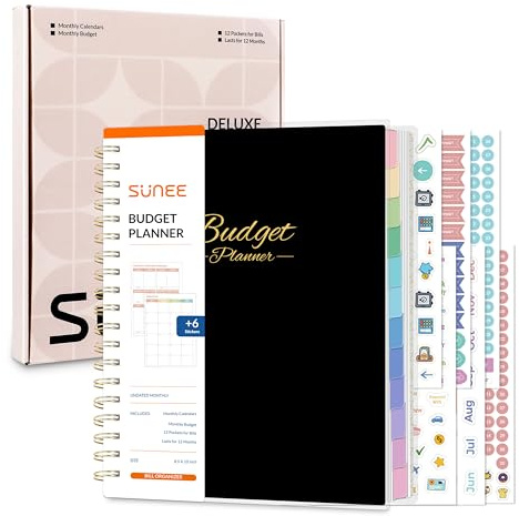 SUNEE Budget Planner - Deluxe Monthly Budget Book with 12-Pockets for Bill Organizer, Undated 12 Month Expense Tracker Notebook & Account Book B5 Size (8 x 10) to Manage Your Finance Planner, Black