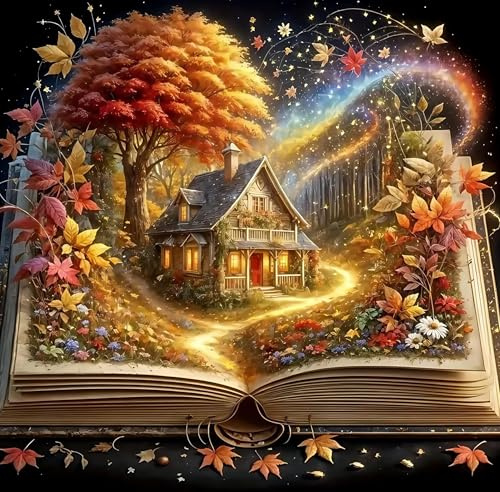 Kit Diamond Painting 5D Autunnale Casa nel Bosco con Libro Aperto, Pittura Diamante Fai da Te per Adulti e Principianti, Pittura artistica con diamanti rotondi, Decorazione Murale Paesaggio 30x30cm