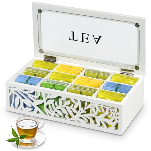 Optyuwah Caja para bolsas de té, caja de té, diseño perforado, caja de madera con 12 separadores, recipiente de cristal con ventana, tapa blanca, caja de té para bolsitas de té, azúcar, cápsula de