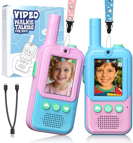 Video Walkie-Talkie Electrónico para Niños (Set de 2), Pantalla 2 Pulgadas, Recargable, Efectos de Voz, 3-12 Años, Ideal para Camping y Aire Libre