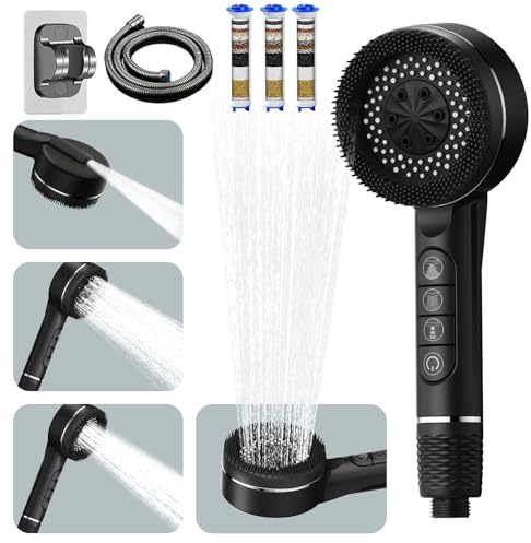 High Pressure Shower Head, Hard Water Filter Shower Head with 1.5m Shower Hose and Shower Stand, 3Filter Cartridges, 4 Mode Handheld Massage Power Shower Head Remove Chlorine, Black