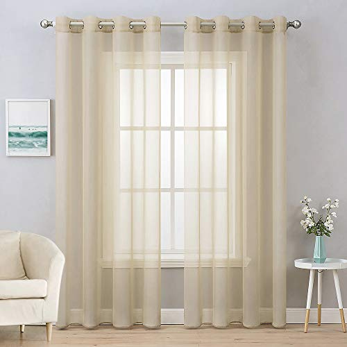 MIULEE 2 Panels Farmhouse Solid Color Beige Sheer Curtains Elegant Grommet Window Voile Panels/Drapes/Treatment for Bedroom Living Room (54X84 Inch)