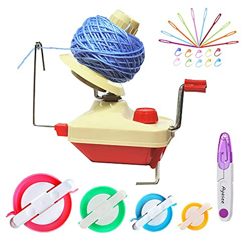 Yarn Ball Winder, Hands Operated Swift Yarn Fiber String Ball Wool Winder Machines for Family+4Pompom Maker+10PS Knitting Stitch Markers+10PS Plastic Needles+1PS Scissors(26b)